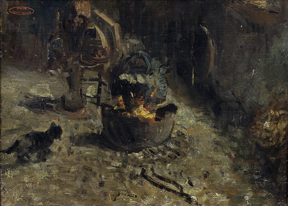 Studie van een zwarte kat bij vuurpot