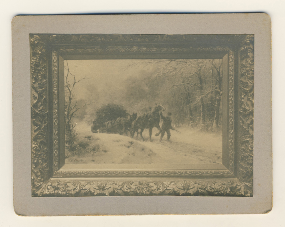 Vervoer van hout bij winter in de omstreken van Arnhem (foto van schilderij van Otto Eerelman)