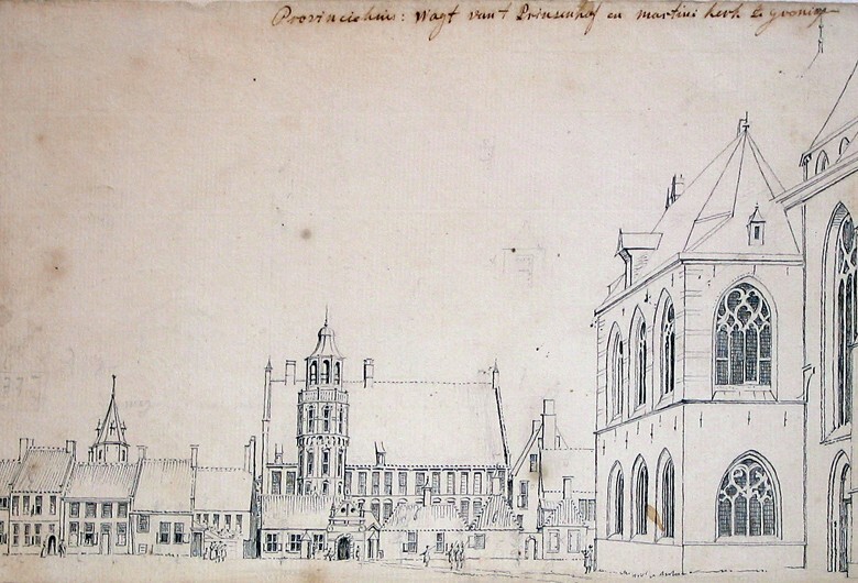 Martinikerkhof oostzijde met provinciehuis; rechts de consistorie van de Martinikerk (voorstudie)