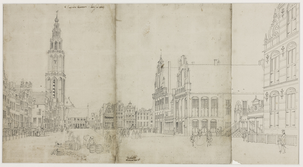 Grote Markt, noordelijk gedeelte, gezien naar het oosten; rechts het Collectehuis (Goudkantoor) en daarnaast het raad- en wijnhuis