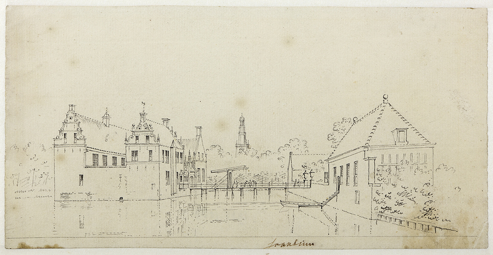 Zijaanzicht van de borg Farmsum met brug en voorhuizen (voorstudie)