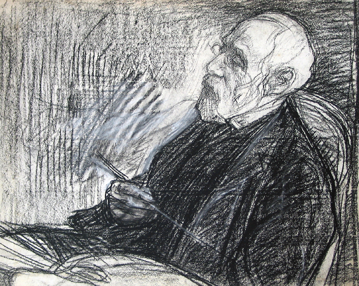 Jozef Israëls, op rieten stoel met penseel in de hand