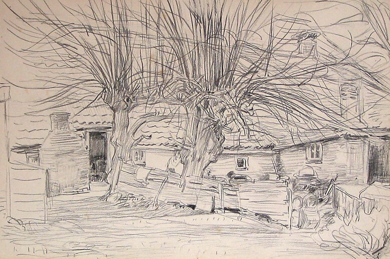 Achterkant huisjes aan de Oosterweg, bij weggetje van R. Muller's fabrieken