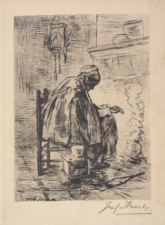 Oude vrouw bij de haard