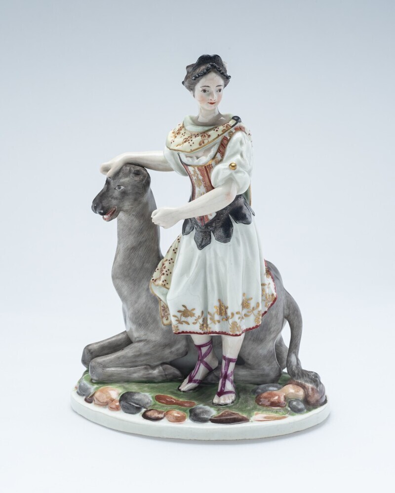 Vrouw staande bij een kameel