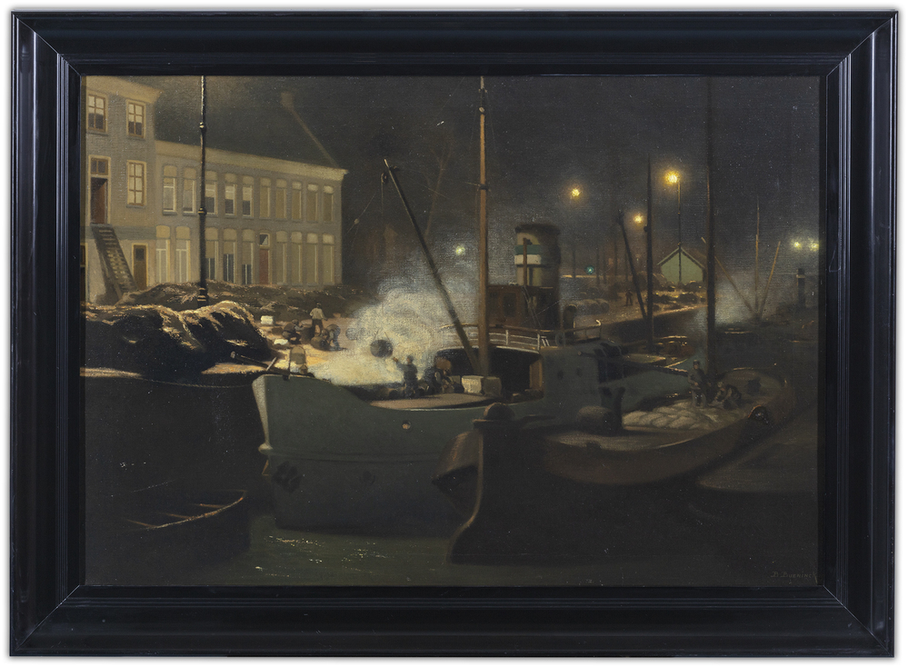 Het Lopende Diep met het lossen der Hunzeboten bij avond