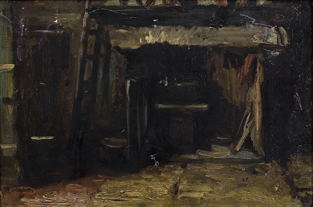 Interieur met schouw en ladder