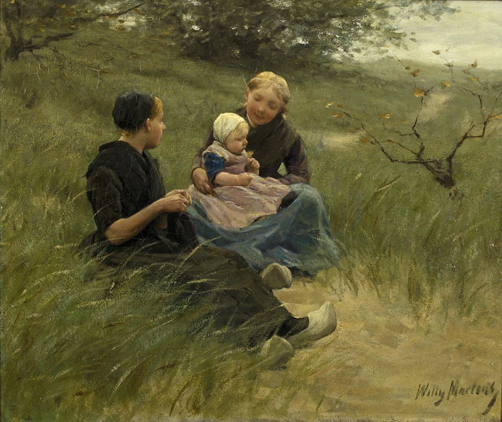 Twee zittende meisjes met kind