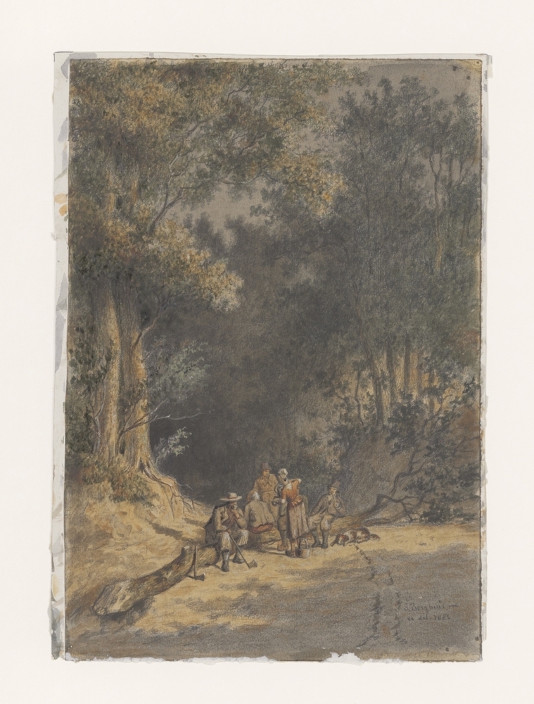 Bosgezicht met rustende houthakkers