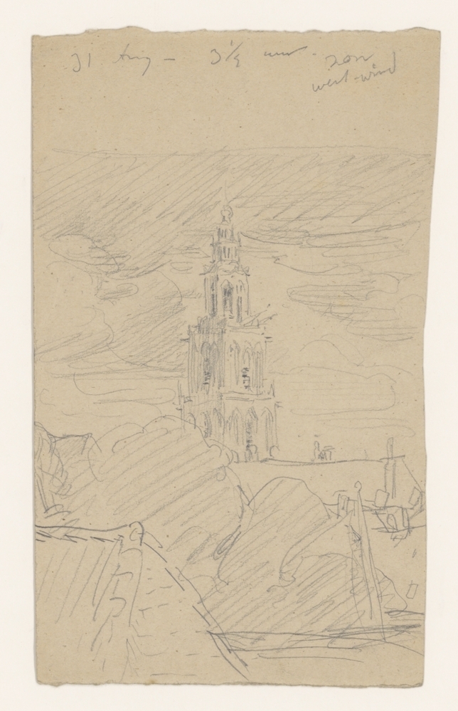 Gezicht op de Martinitoren vanuit zolderluik doofstommeninstituut Nieuwe Kijk in 't Jatstraat