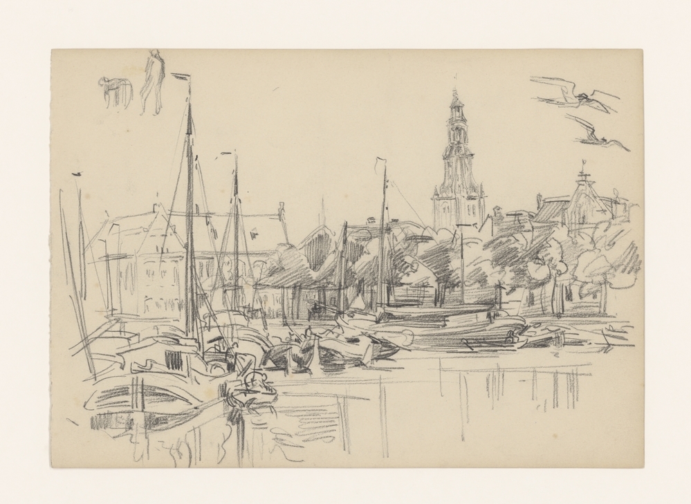 Museum van Oudheden (Groninger Museum), op achtergrond de toren van de Akerk