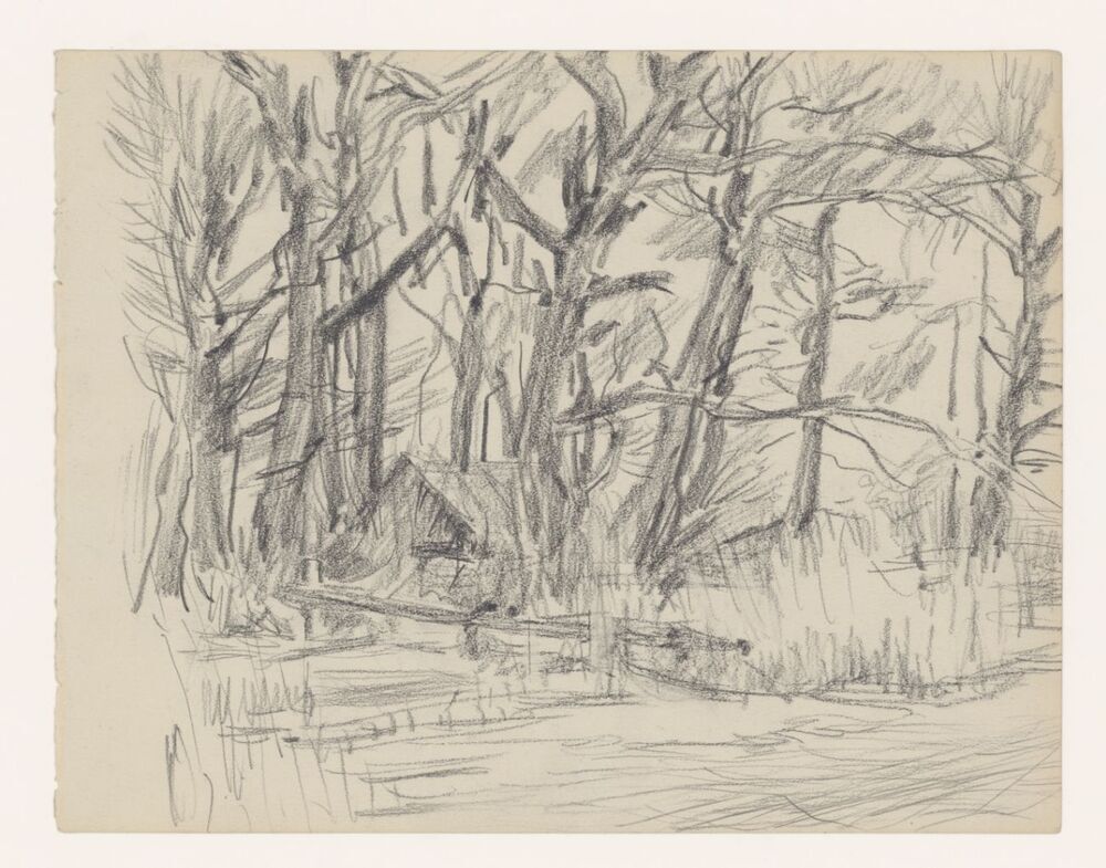 Glimmen, botenhuisje bij riviertje (ijs)