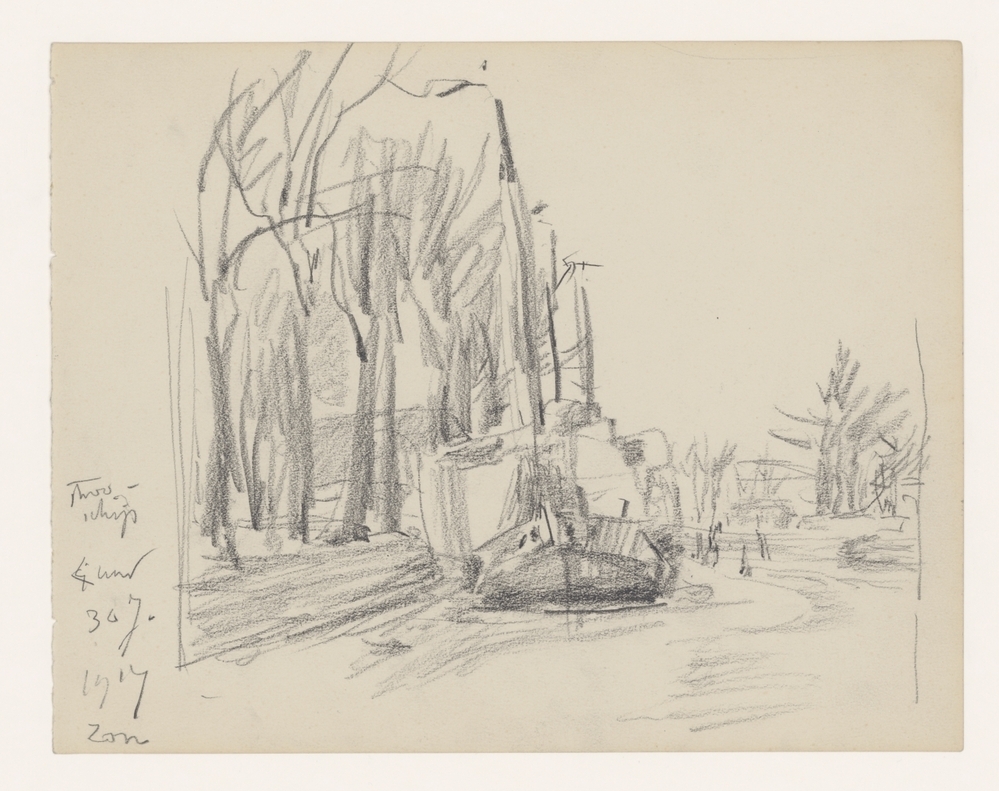 Boterdiep, bocht in (?) Hogebrug, schepen met lading stro in 't ijs