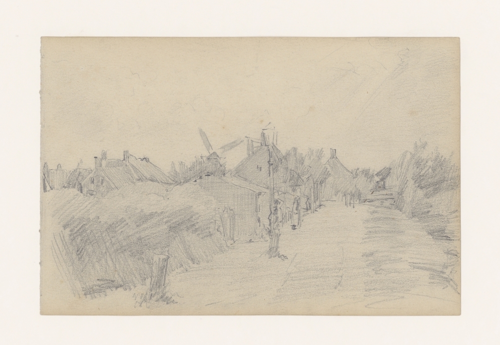 Gezicht op de weg en de huizen bij de Papiermolen