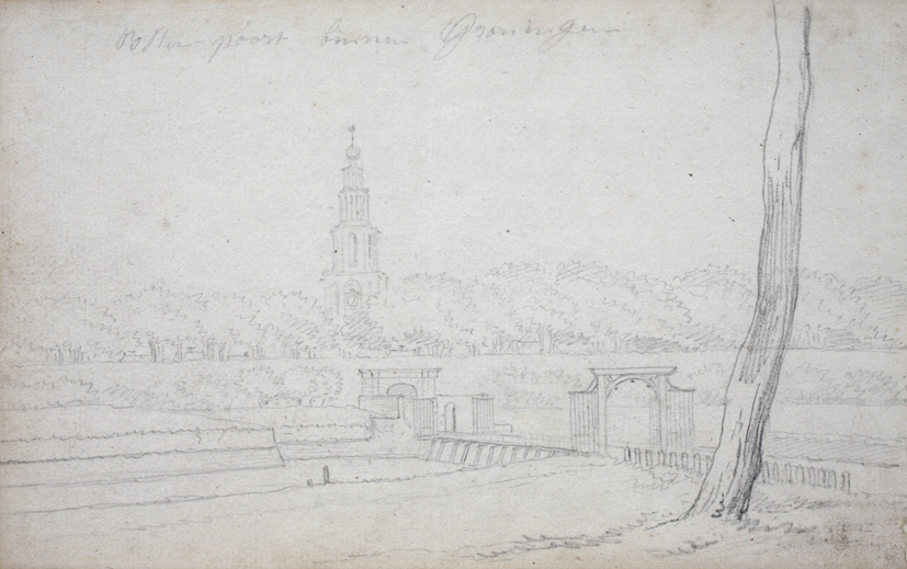 Oosterpoort en Oosterpoortenbrug met stadswal (voorstudie)