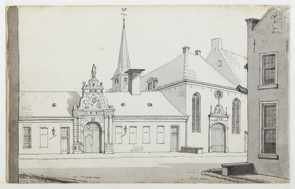 Heilige Geest- of Pelstergasthuis, Pelsterstraat westzijde, gezien vanuit de kleine Pelsterstraat (voorstudie)