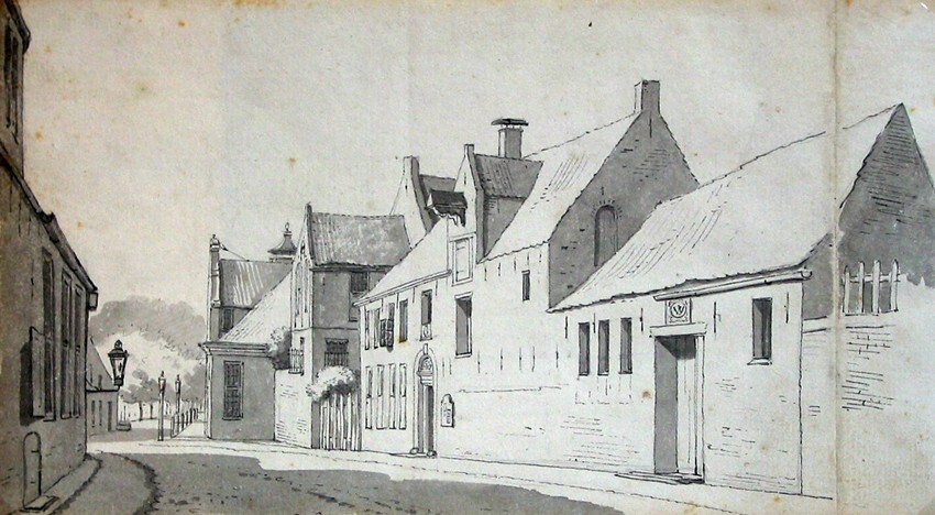 Munnekeholm gezien naar het zuiden; rechts het Westindische huis, daarnaast op de achtergrond het Aduardergasthuis (voorstudie)