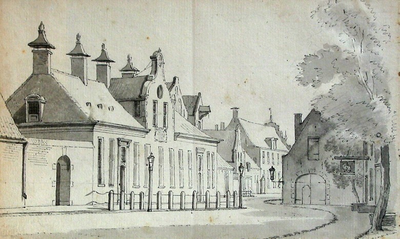 Munnekeholm gezien naar het noorden; links het Aduardergasthuis, daarnaast op de achtergrond het Westindische huis (voorstudie)