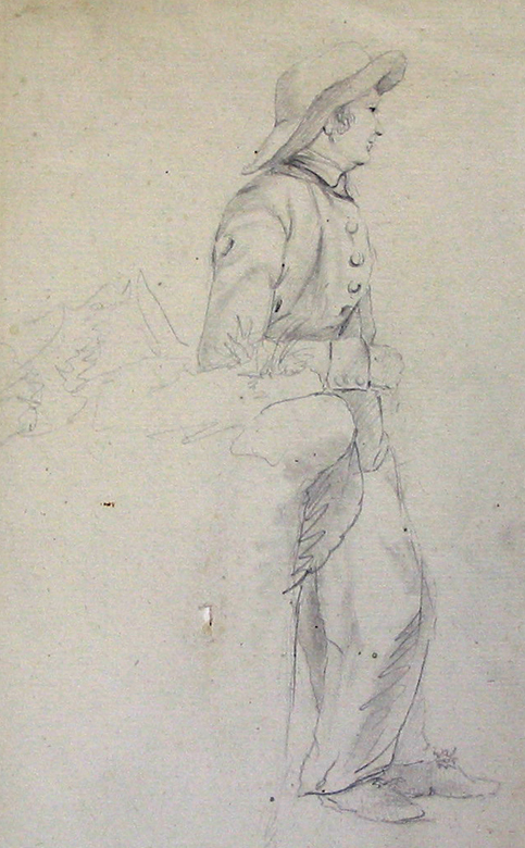 Staande man leunend tegen dijkje (?)