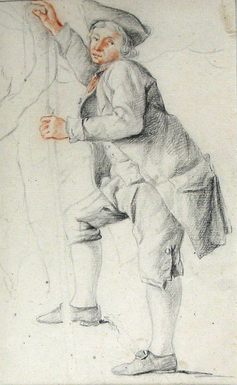 Staande jongen met stok leunend tegen een boomtak