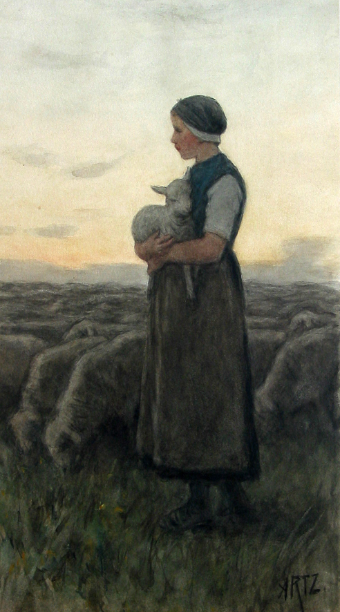 Meisje met kudde schapen