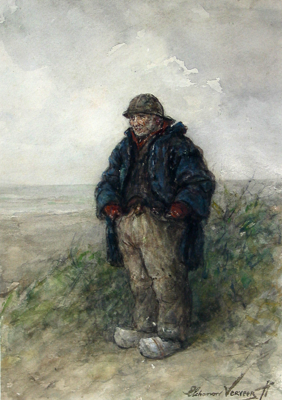 Visser, staande op een duin