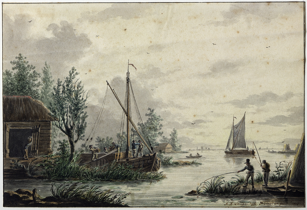 Gezicht op de Kralingse plas bij Rotterdam, links een turfschip bij een schuur