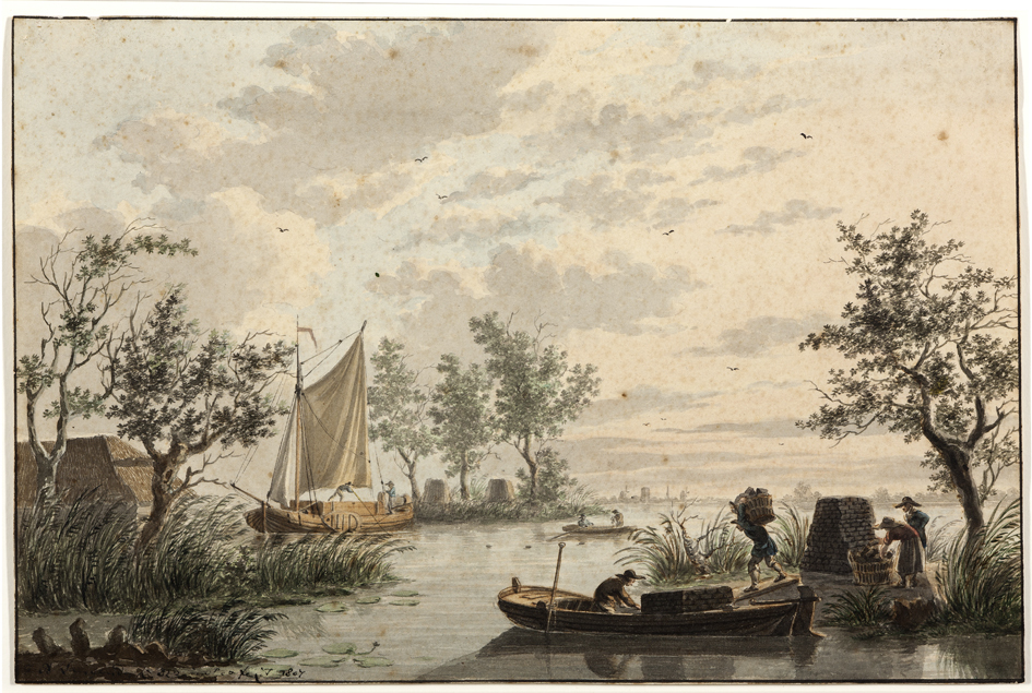 Gezicht op de Kralingse plas bij Rotterdam, rechts turfwerkers