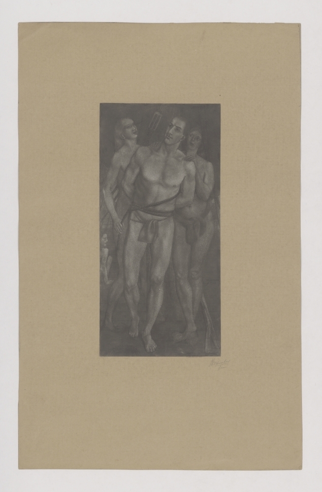 Naakte gebonden man met twee vrouwen