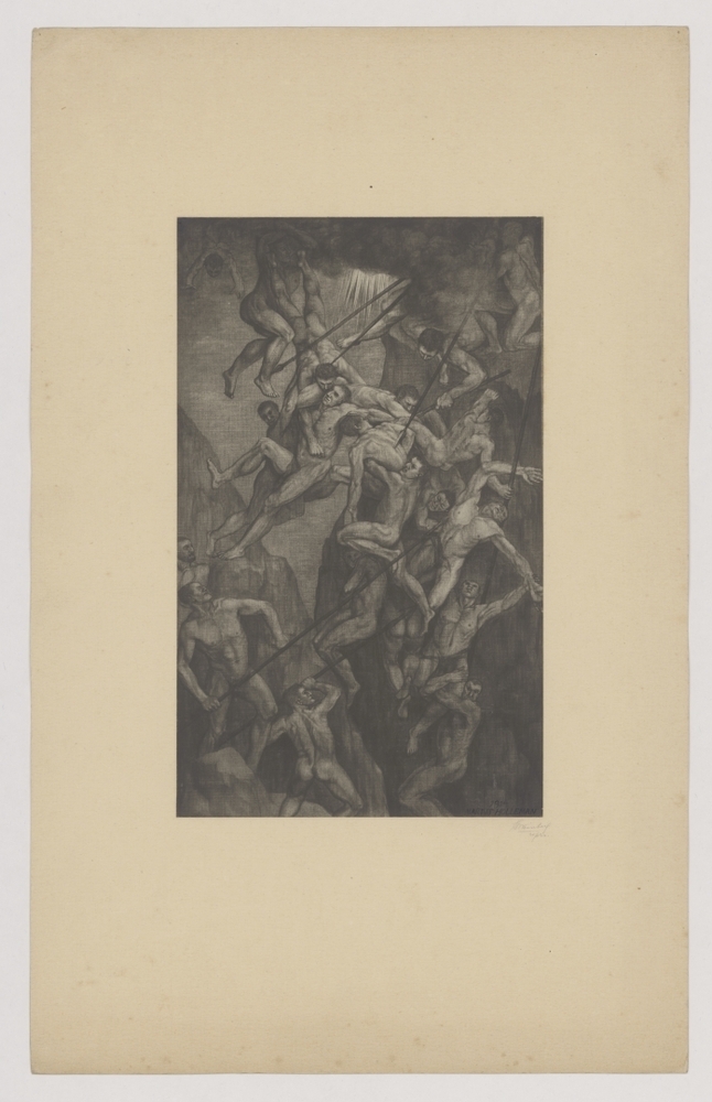 Groep naakte mannen bestookt met speren