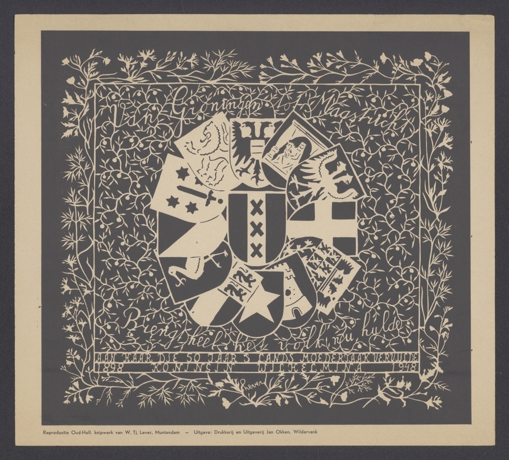 Van Groningen tot Maastricht, breng heel het volk nu hulde aan haar die 50 jaar 's lands moedertaak vervulde
1898 Koningin Wilhelmina 1948
