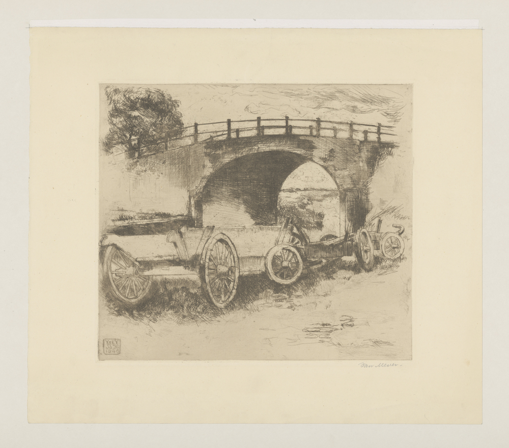 Twee boerenwagens bij boogbrug