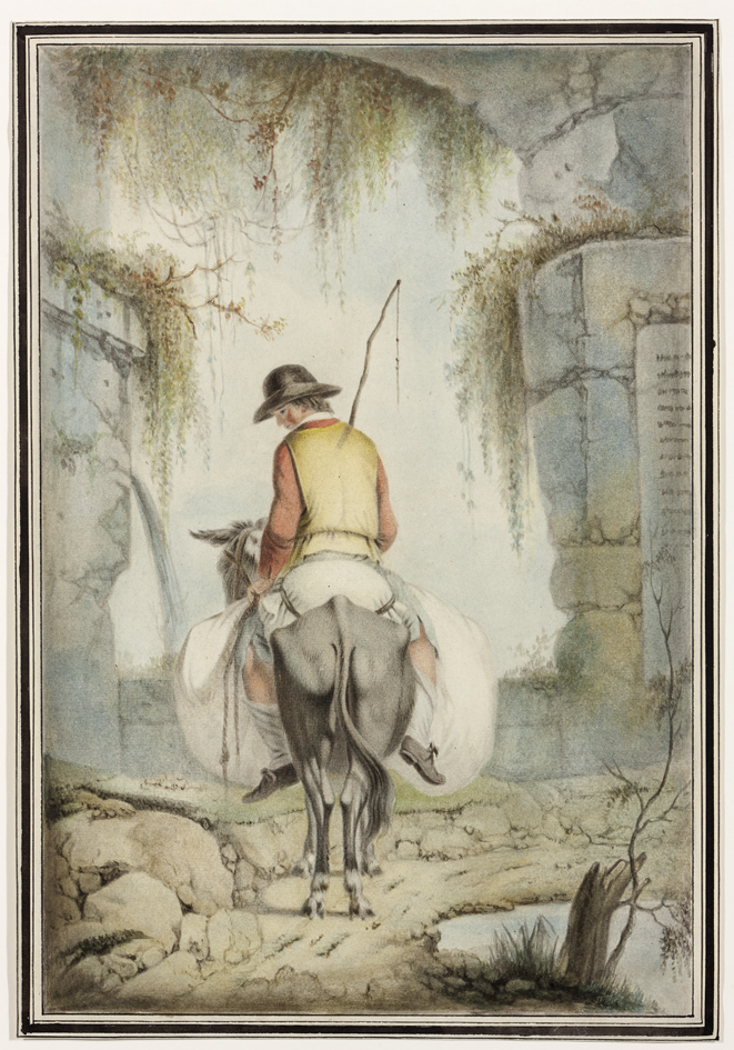 Man op ezel bij een ruïne