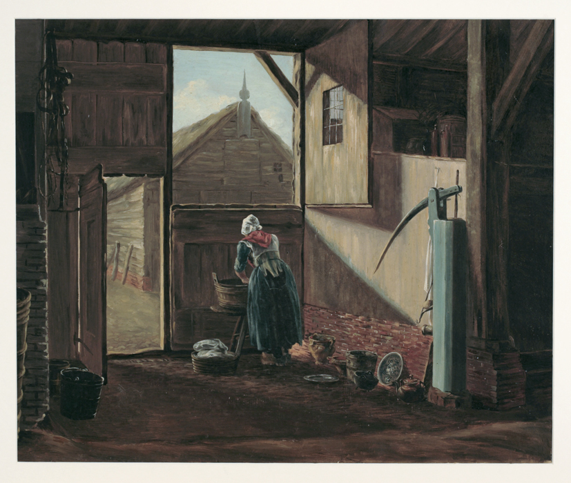 Dienstmeisje aan de was in boerenschuur (Stalinterieur)