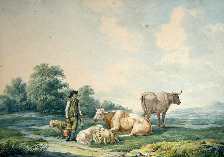 Landschap met boer, koeien en schapen