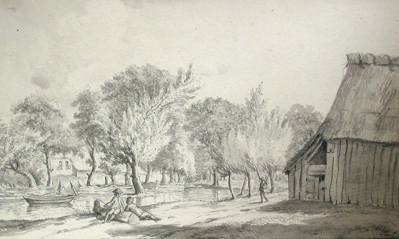 Vaart met bootje, op de oevers boerenhuis tussen geboomte, schuur, figuren op het weggetje