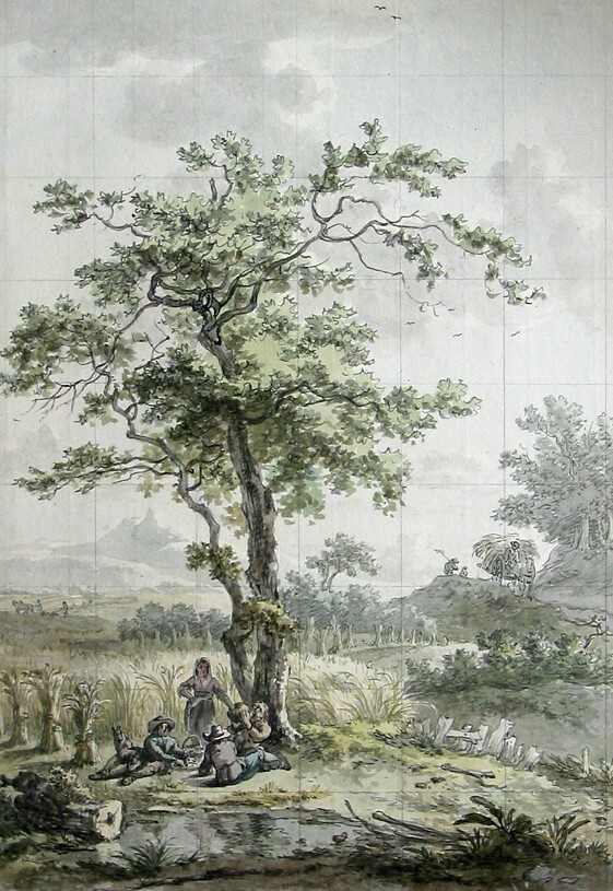 Rustende maaiers in zomerlandschap