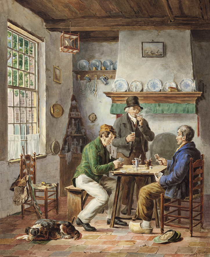 Drie kaartspelende mannen bij schouw