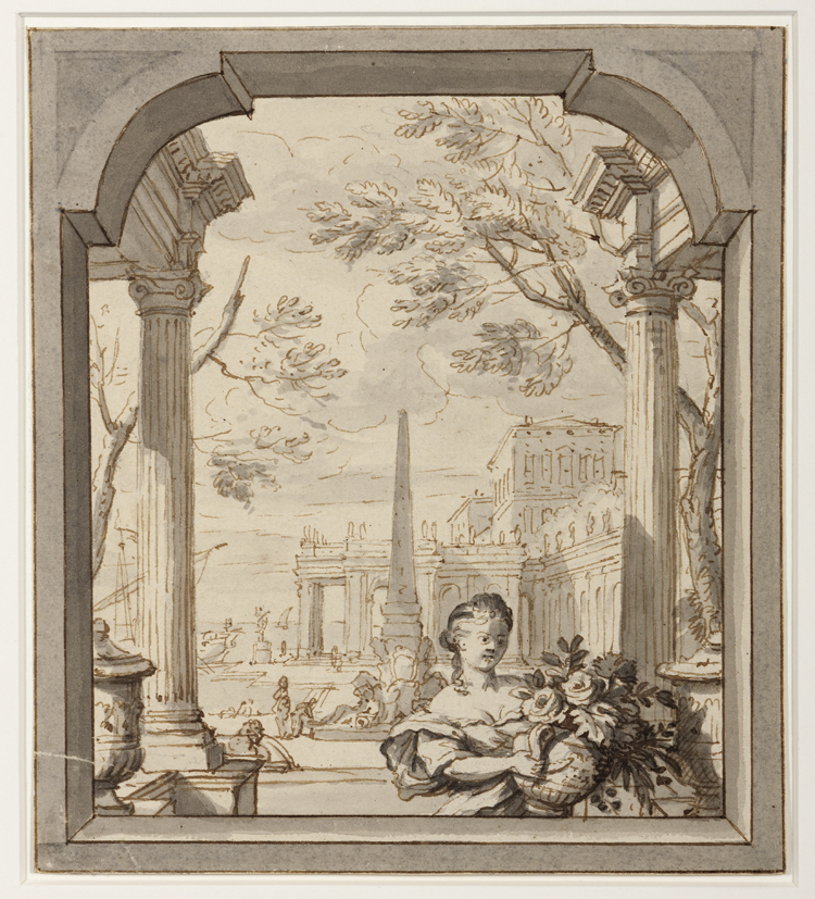 Gezicht door een venster op een gefantaseerde klassieke architectuur