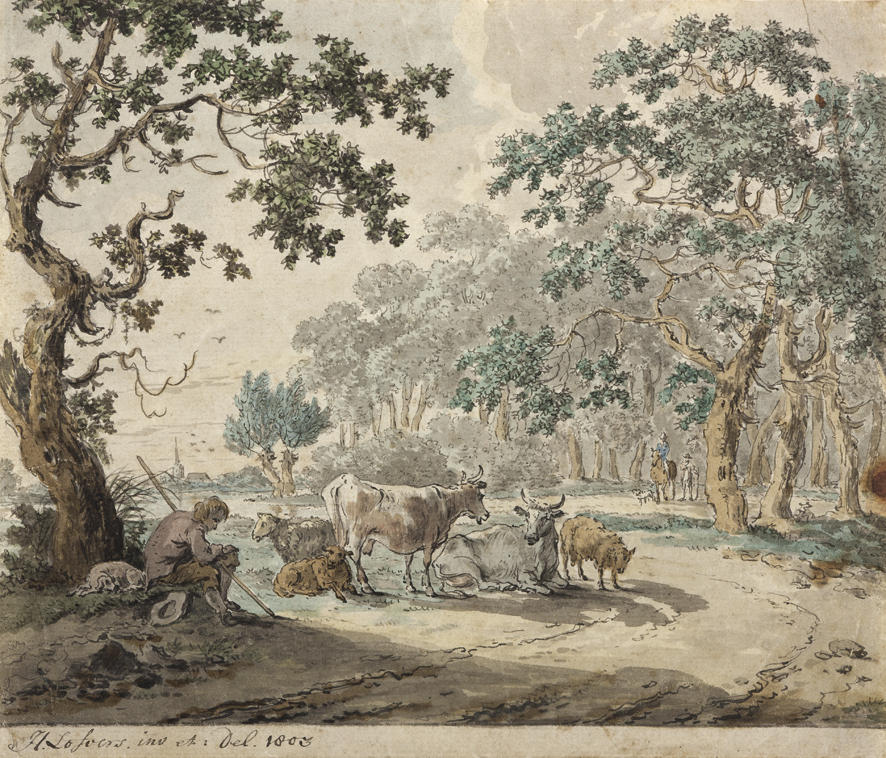 Zomerlandschap met rustende herder en vee