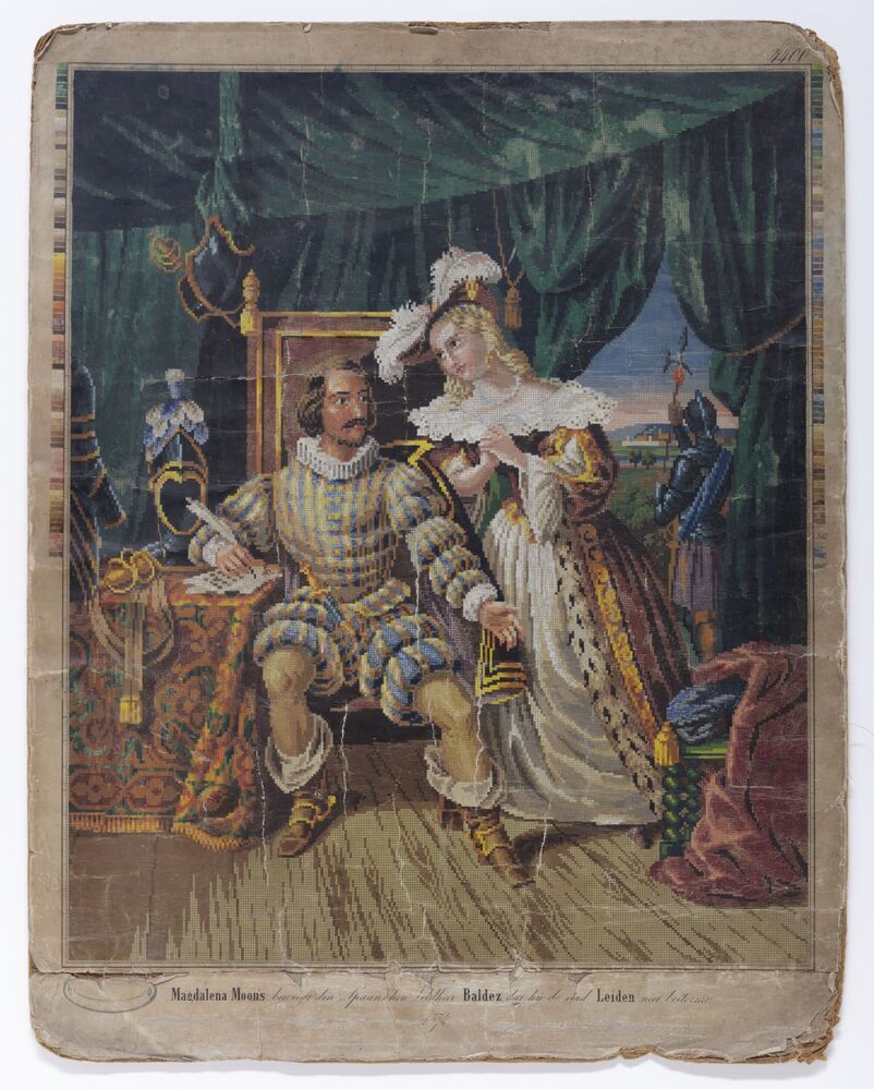 Borduur voorbeeld: Magdalena Moons beweegt de Spaanse veldheer Baldez dat hij de stad Leiden niet bestorme