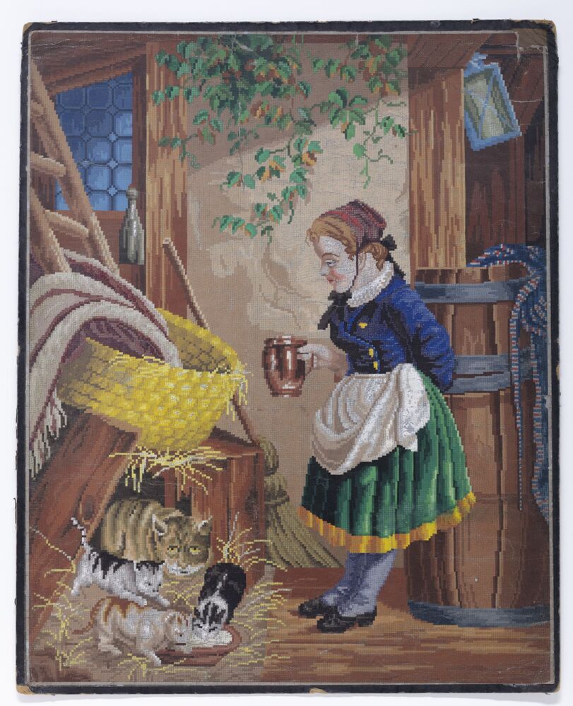 Borduur voorbeeld: Klein meisje met jonge poesjes