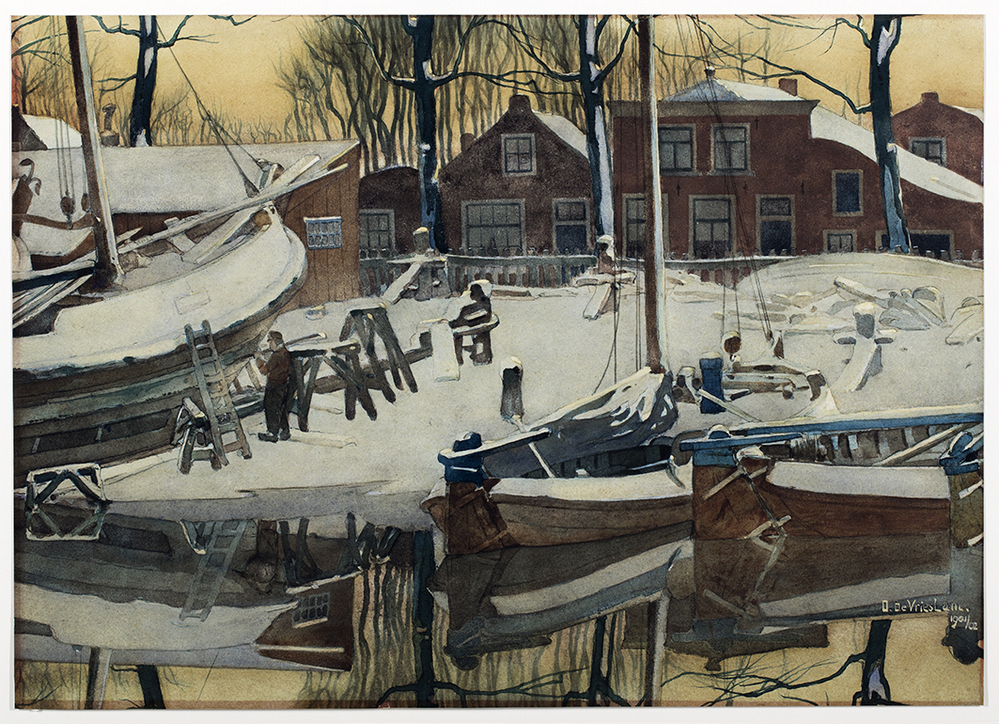 Besneeuwde scheepstimmerwerf