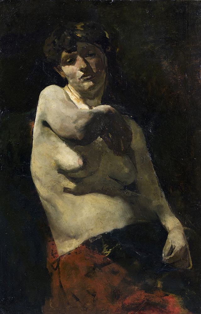 Zittend naakt met rode doek