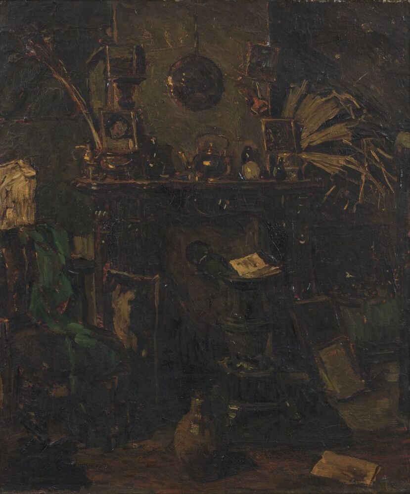 Atelierinterieur met schoorsteenmantel