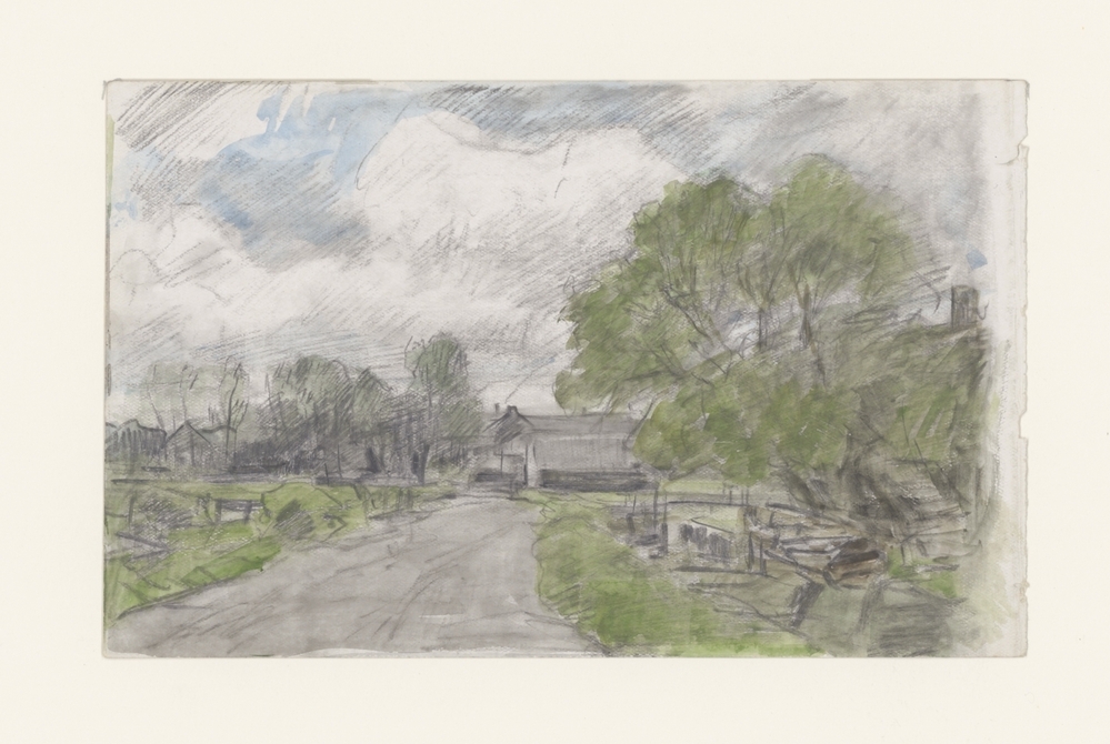 Landweg met gebouwen