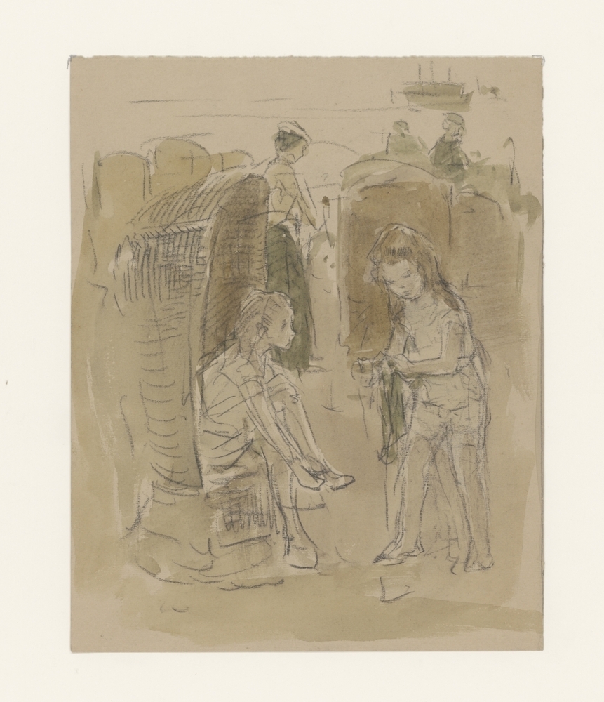 Twee meisjes en badstoelen aan het strand