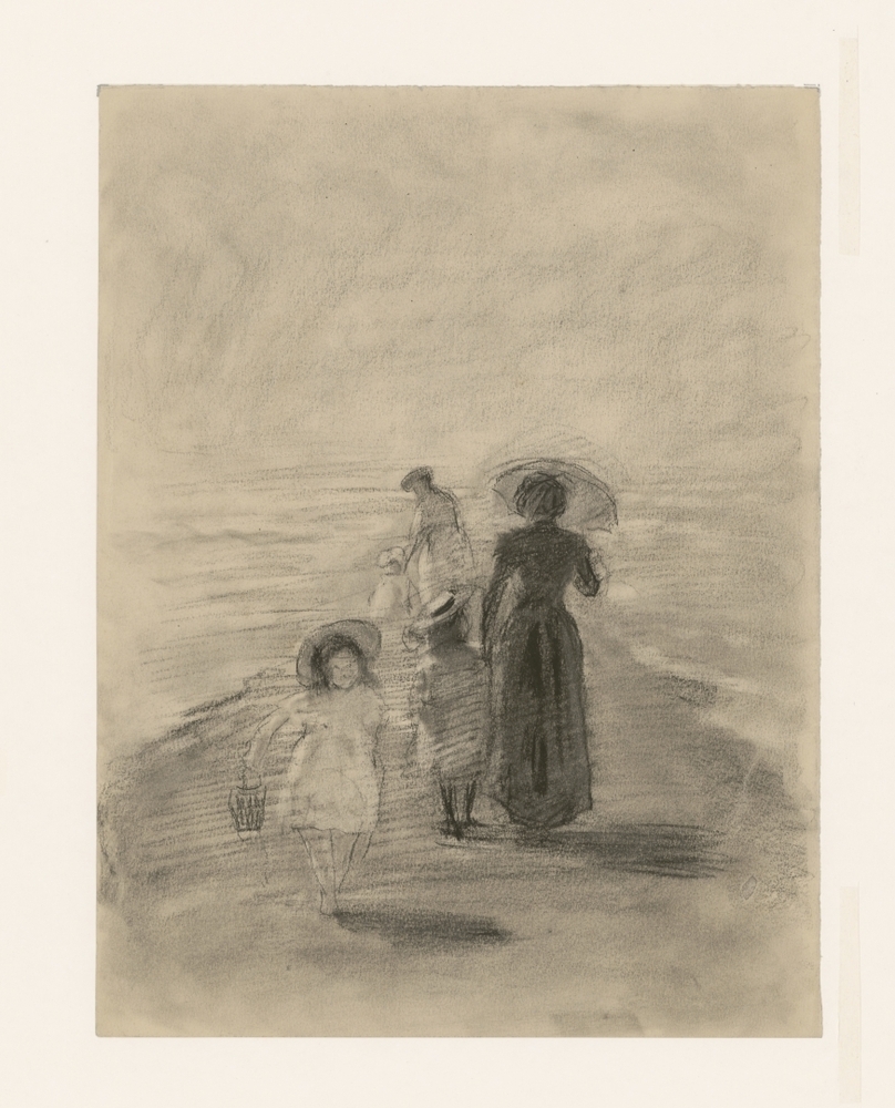 Wandelende vrouwen en kinderen op golfbreker