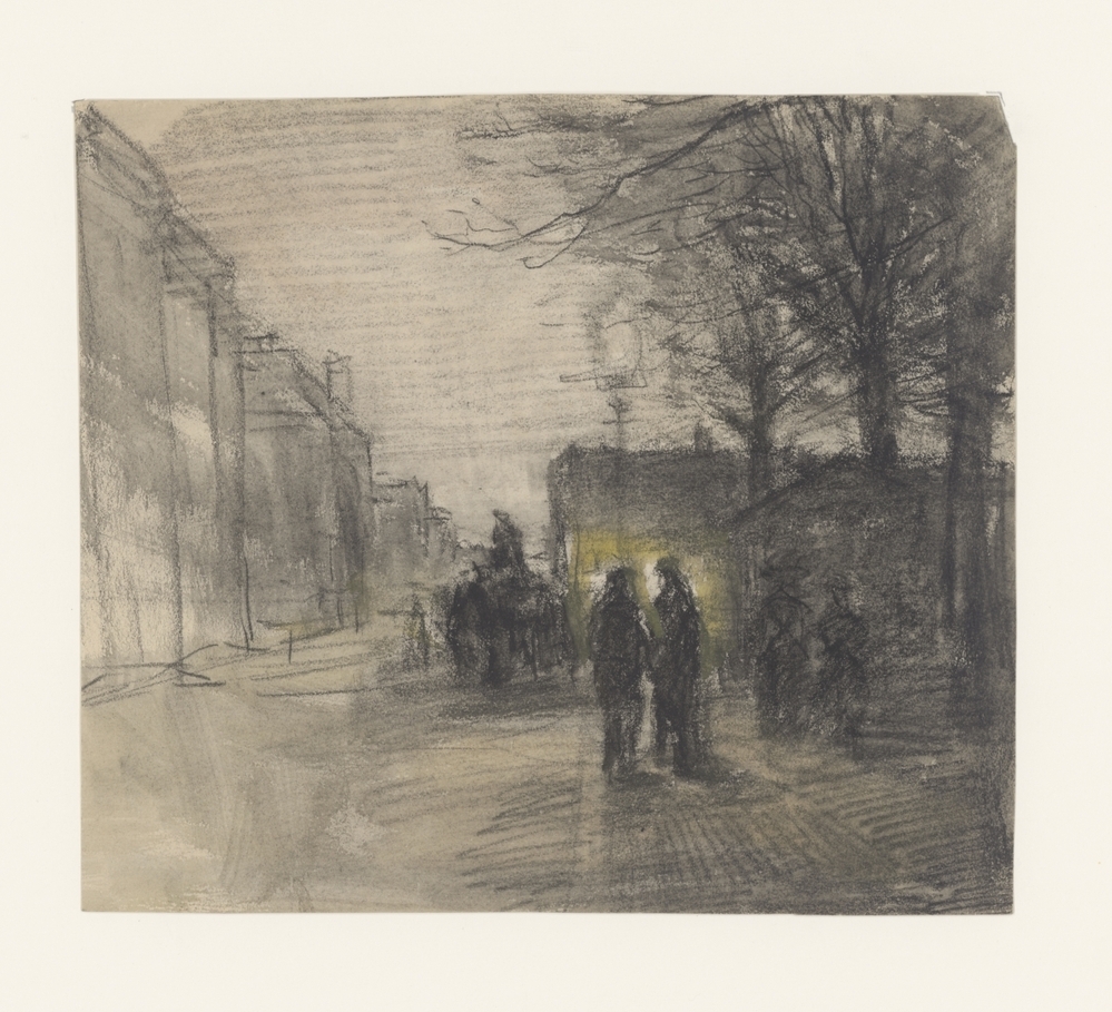 Straatgezicht bij avond met kiosks