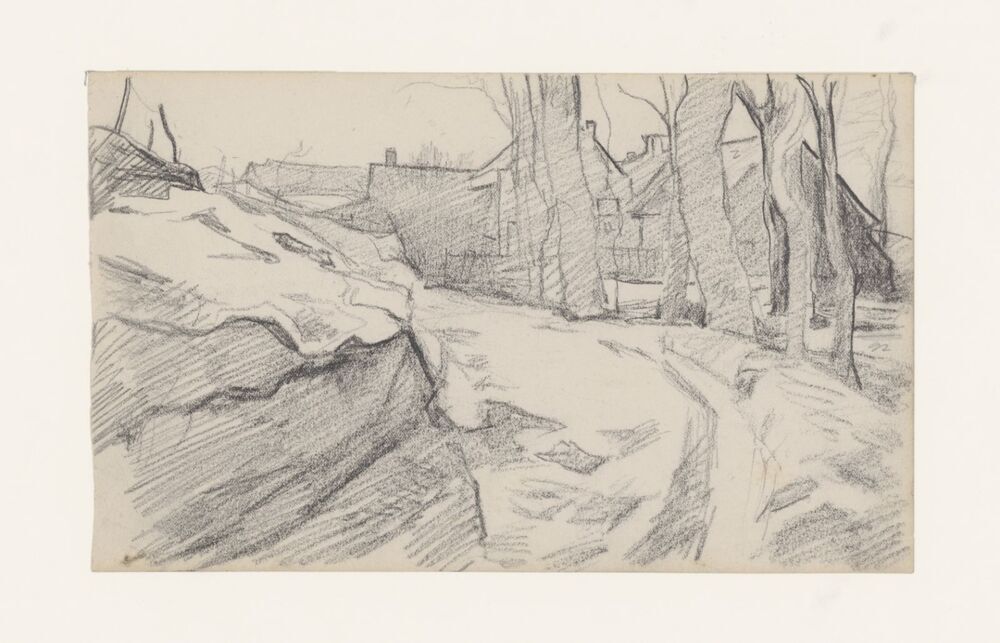 Landweg met boerderij en bomen